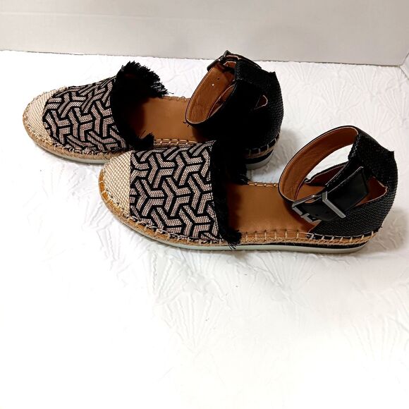 Crown Vintage Bonire 2 Women’s Sz 8.5 Black/Tan Sandal Ankle Strap Fringe Burlap - Picture 3 of 9